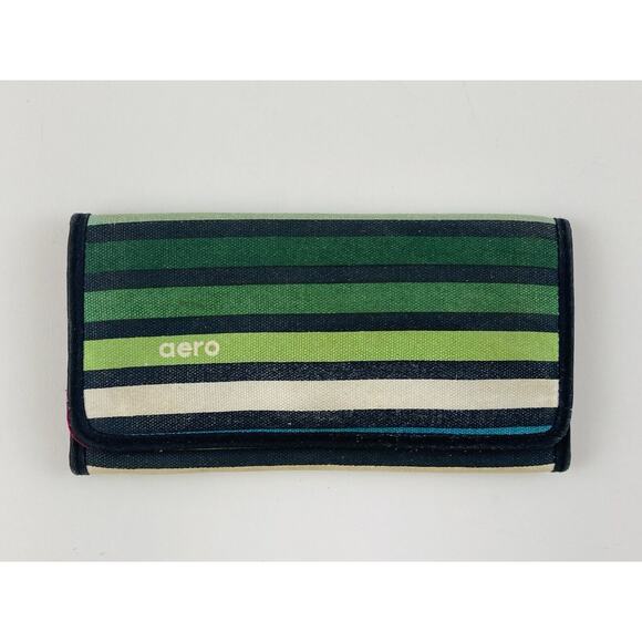 Aeropostale Canvas Striped Trifold Snap Closure Wallet Vintage Green Magenta Wom - Picture 6 of 7